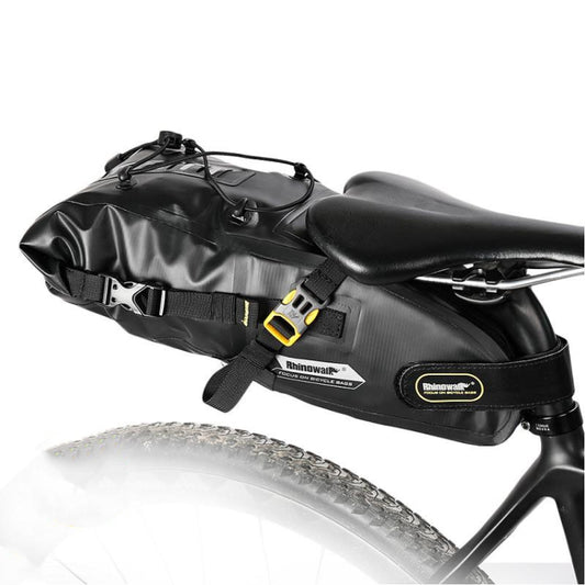 Black waterproof bicycle saddle tail bag with reflective strap details and mounting straps