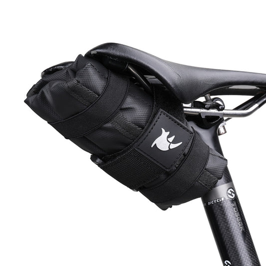 Black bicycle saddle tool storage bag with multiple strapped compartments and logo patch