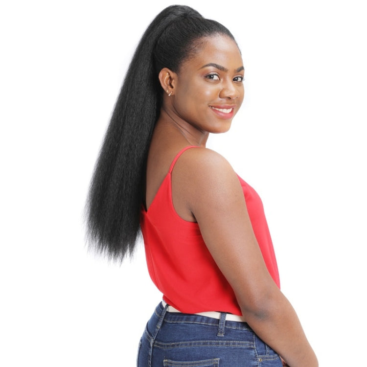 Long black fake ponytail hair extension with full volume, side-swept wear