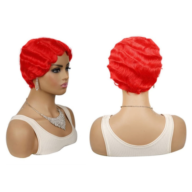 Short retro water-wave curly wig in red, left-side profile and back view