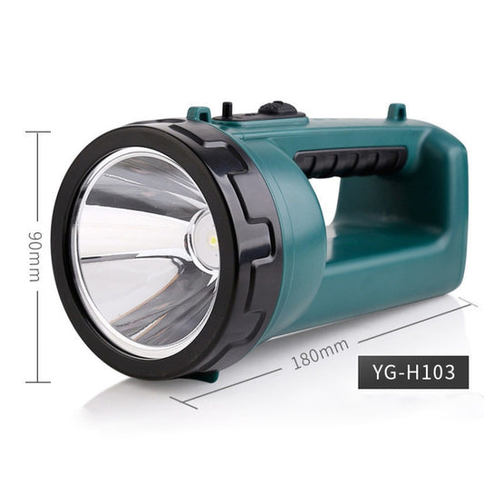Teal long-shot LED flashlight with large circular reflector lens and top buttons