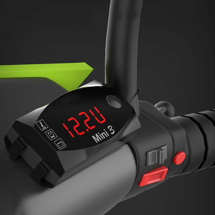 Mini 3 digital meter with red LED reading 12.20, side switch and buttons visible