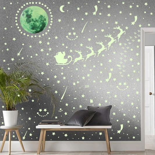 Luminous green moon, stars and Christmas sleigh wall sticker decals