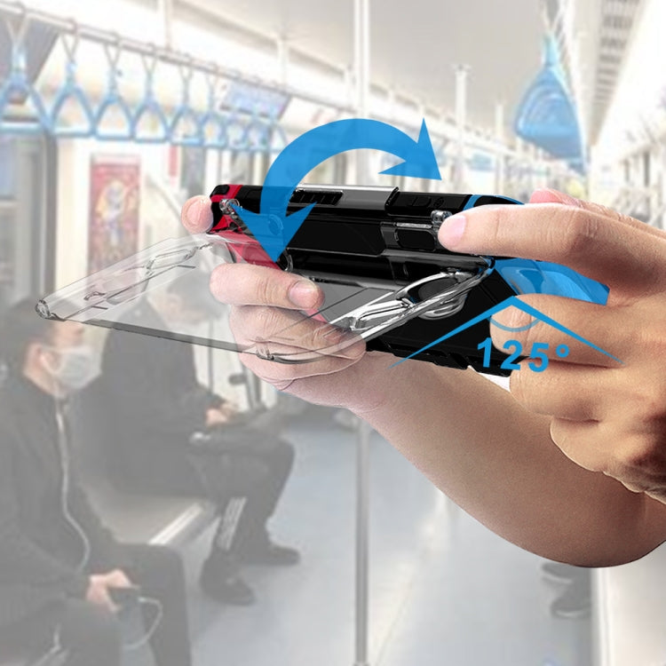 Hands attaching a transparent Nintendo Switch case to protect the console screen