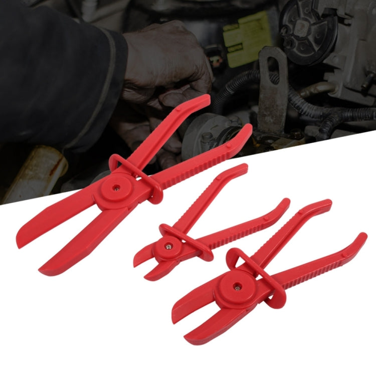 3-piece red nylon hose clamp plier set with ribbed handles and three jaws