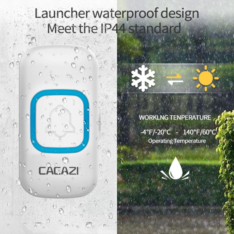 White CACAZI wireless doorbell with blue border, water drops, outdoor waterproof design