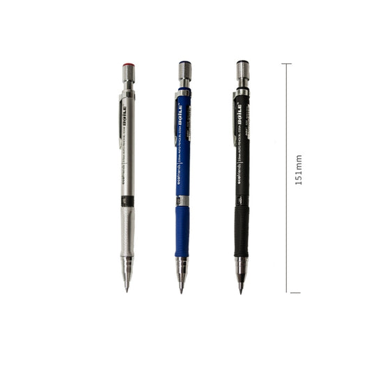 Set of automatic mechanical pencils in silver, blue, and black with push-out tips
