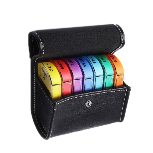 Notebook-Style 28-Compartment Portable Pill Box&Leather Bag, Black, Brown