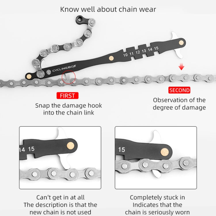 Black chain wear gauge tool with snap-in damage hook and 10–15 measurement marks