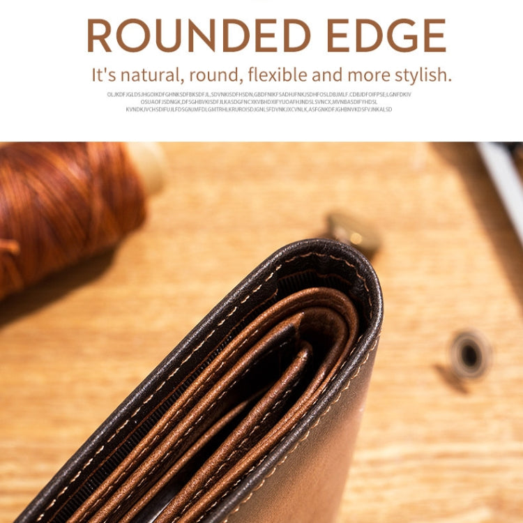 Brown leather bi-fold wallet open edge showing layered card slots