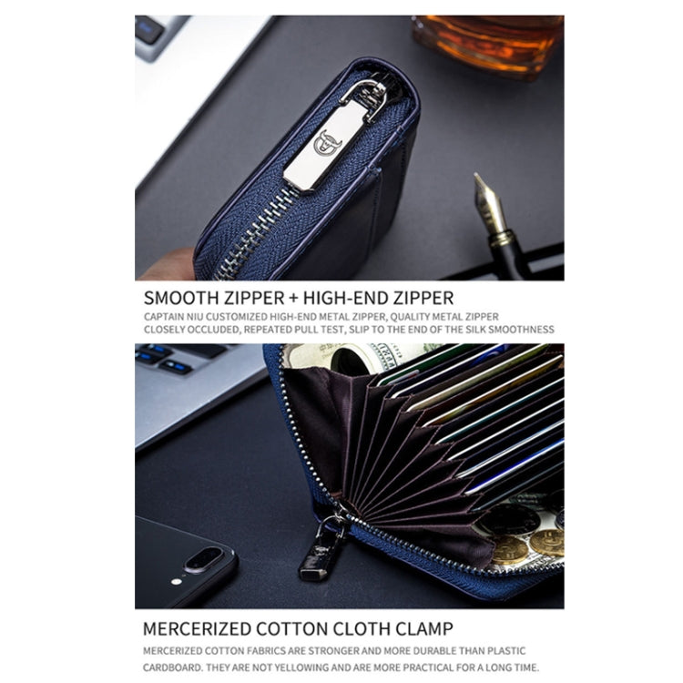 Men’s blue leather card wallet with dual zippers and multiple card slots