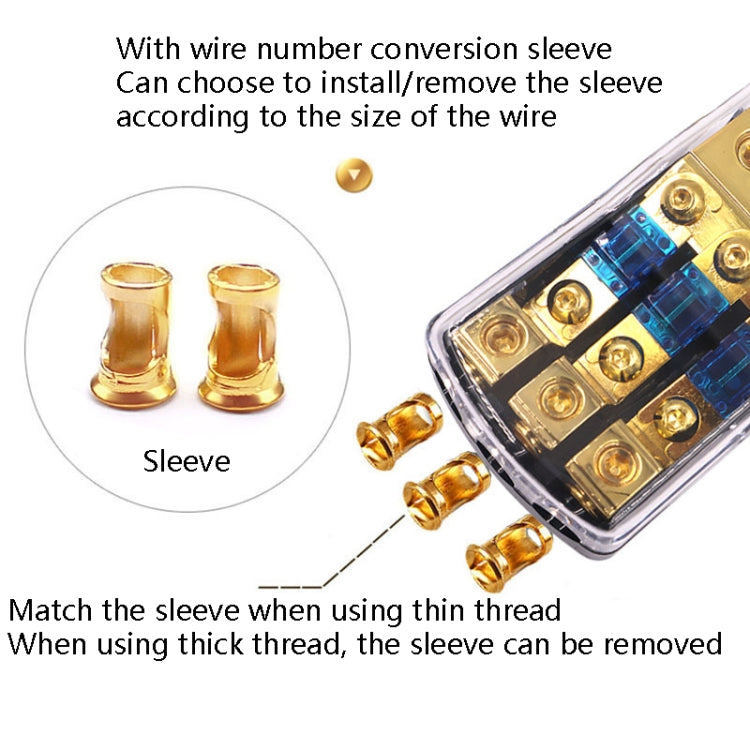 Car audio fuse splitter with included golden wire sleeves and clear fuse holder casing