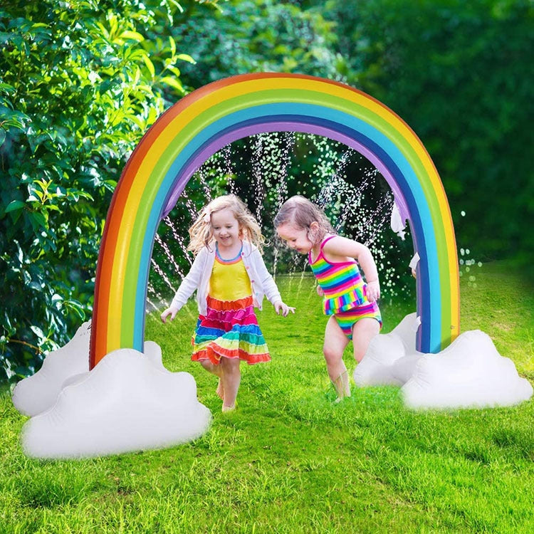 Inflatable rainbow arch sprinkler with multicolor arch, white cloud bases, and water spray