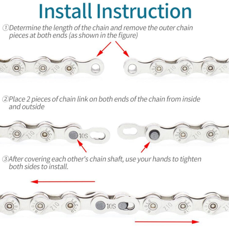 Bicycle chain quick release links with installation steps shown on chain