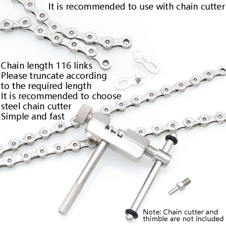 Silver bike chain with chain cutter tool for trimming to the required length.