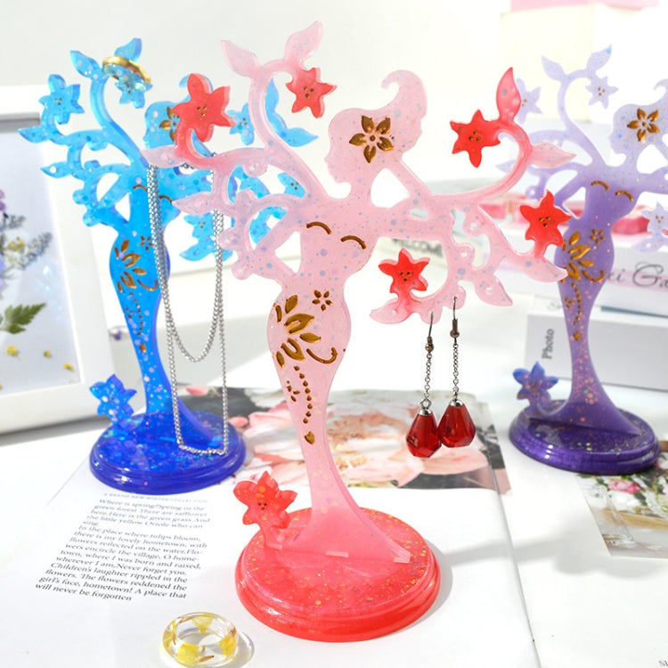 Epoxy tree jewelry mold set with blue, pink, and purple bases and hanging chain ornaments