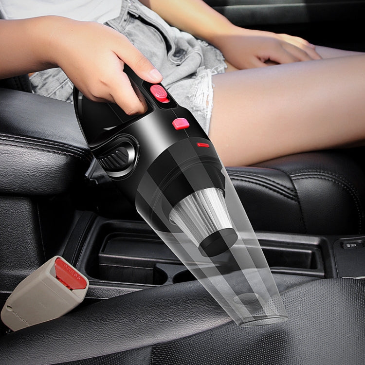 Handheld car vacuum with hose nozzle, black and gray, vacuuming car seat