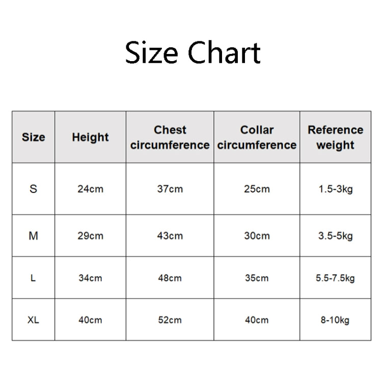 Pet costume size chart for S to XL with height, chest circumference, and collar