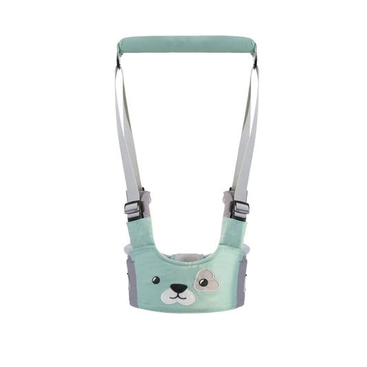 Light green baby activity belt with white bear face pouch and adjustable straps