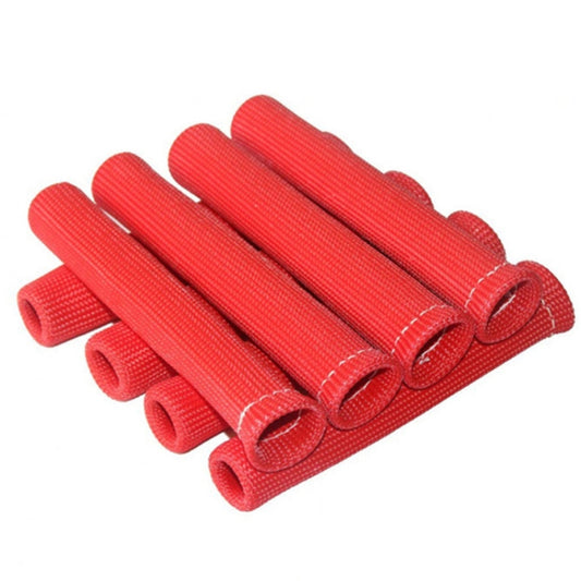 Red woven spark plug heat shield cover sleeves with stitched ends, set of 4
