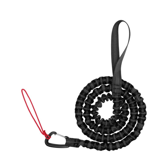 Black coiled bicycle tow rope with loop handle and carabiner end