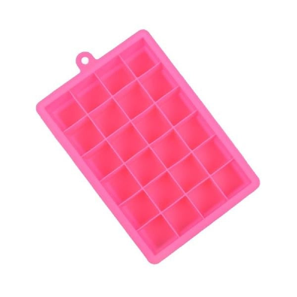 Rose red silicone ice cube tray with 24 square molds and hanging loop on top