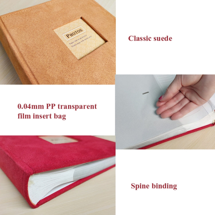 Suede-style photo album close-up: 'PHOTOS' label, clear insert bag, spine binding