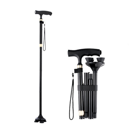 TBS-009 Four-Legged Folding Elderly Crutches Aluminum Alloy Light And Multifunctional Non-Slip Crutches With Light, TBS-009(Black), TBS-009(Brown)