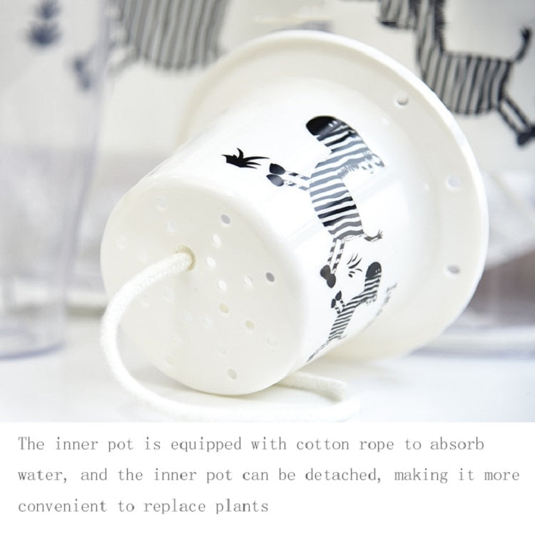 Hydroponic flower pot with removable inner cup and zebra pattern, water level visible