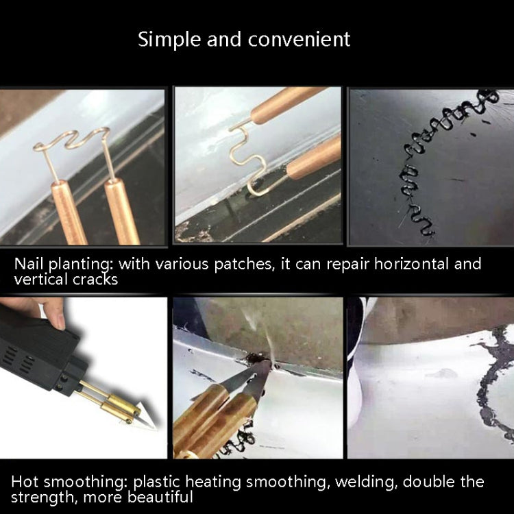 Plastic welding repair patch kit with wire patches and hot melt tool use