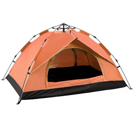 Orange and dark dome camping tent with arched entrance and mesh window panels