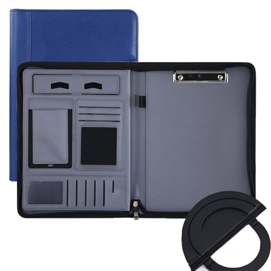 Blue A4 zippered business folder with interior pockets and pen loop, open