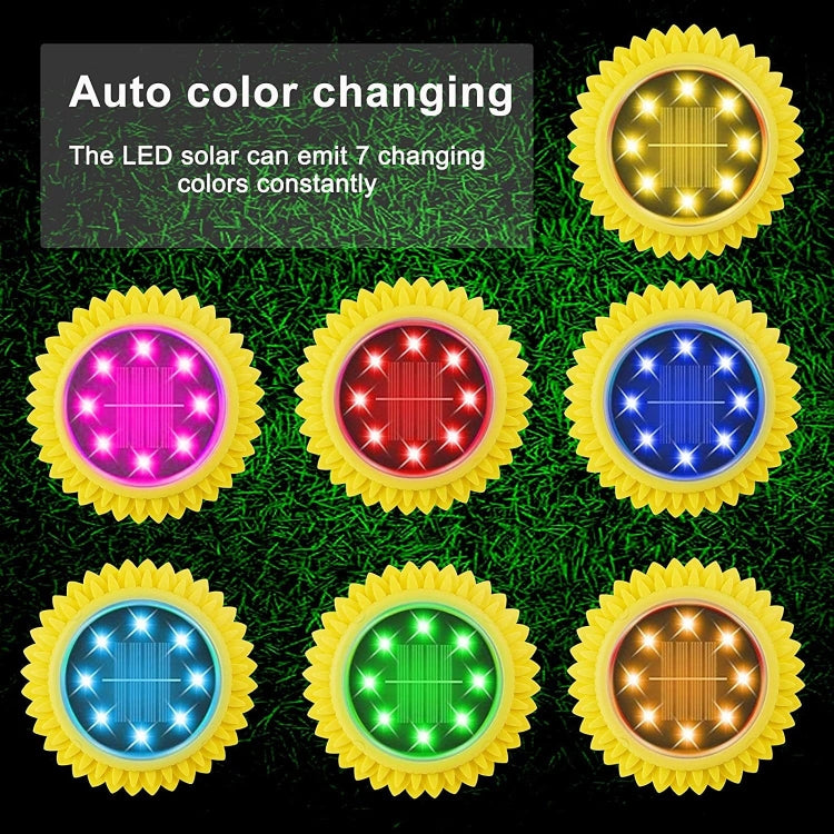Set of yellow sunflower solar buried lights with color-changing glowing LED petals