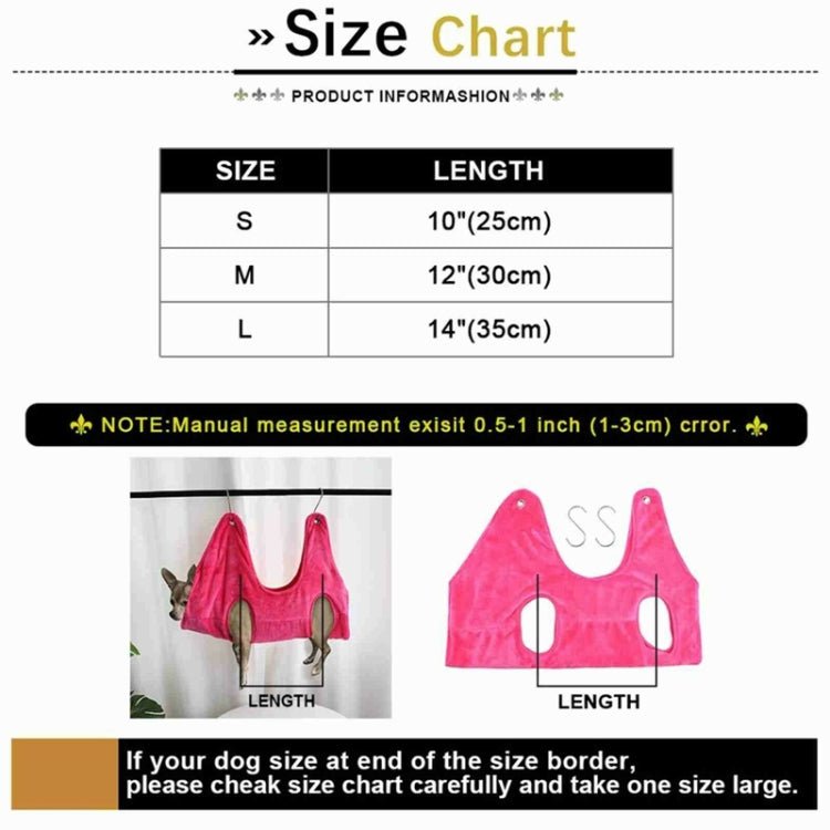 Pet hammock size chart showing lengths for S, M, and L in inches and cm