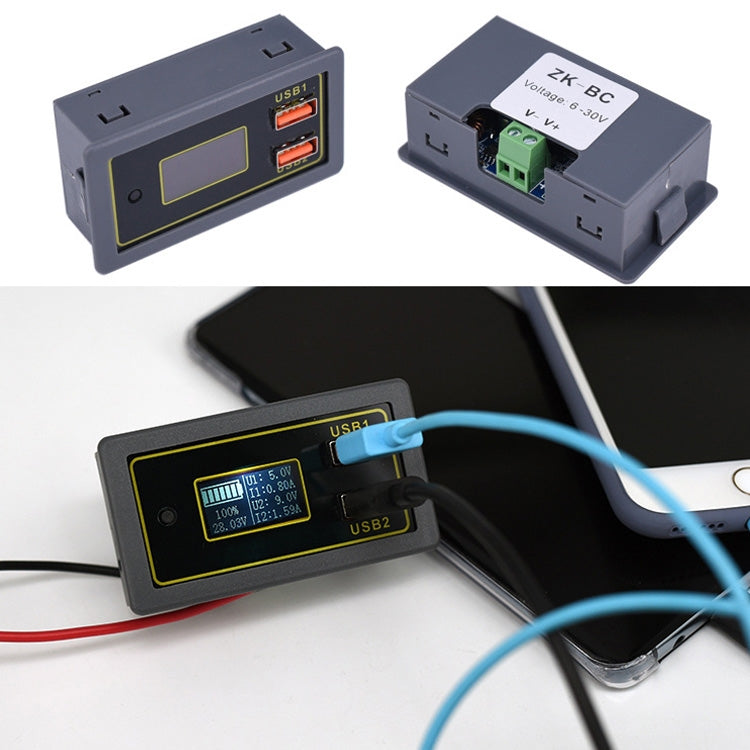 Dual USB voltage display module with LCD screen connected to cables, USB1/USB2 ports visible
