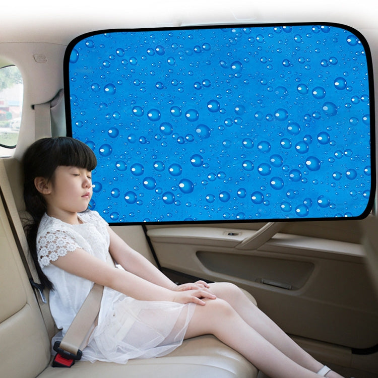 Blue rear car window sunshade panel with water-drop pattern covering the window.