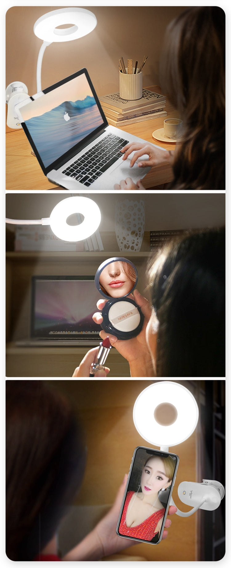 USB ring light clip lamp with touch-controlled halo glow for selfies and video calls