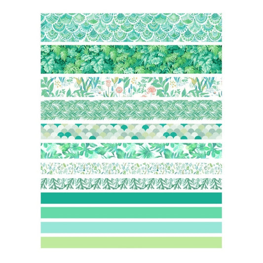 Mint green washi tape strips set with leaf and scallop patterns and solid bands