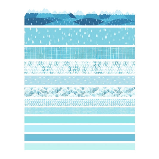 Blue washi tape strips set with wave, grid, and rain-drop patterns plus solid bands