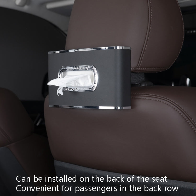 Car tissue box with chrome trim and tissue window, seat-mounted design