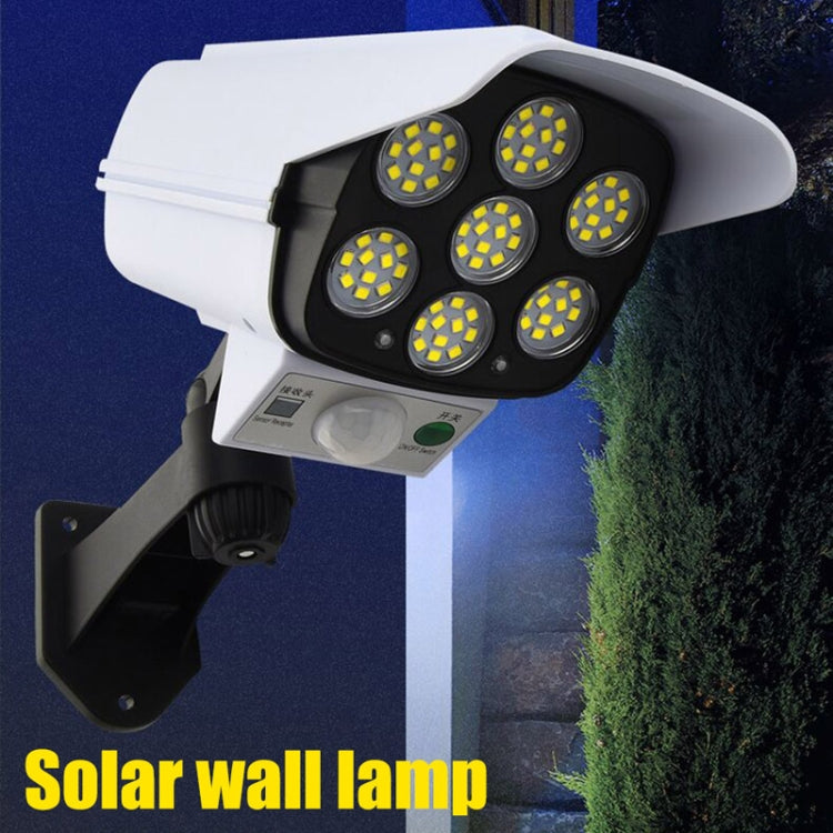Solar LED wall light with surveillance-style head, remote-style night lighting effect shown.
