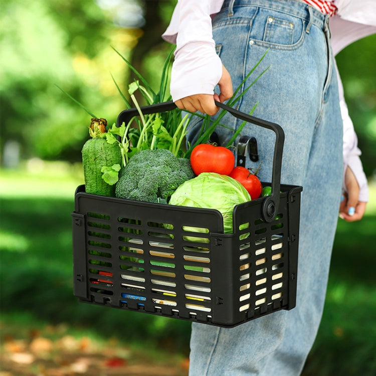 Black bicycle basket holding fresh vegetables while carried by a person
