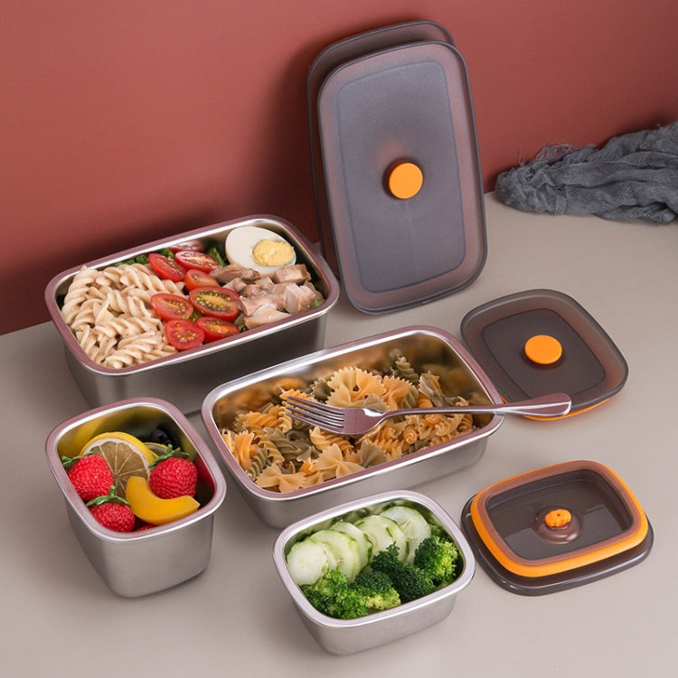 Set of stainless steel sealed lunch boxes in different sizes with black lids and orange buttons