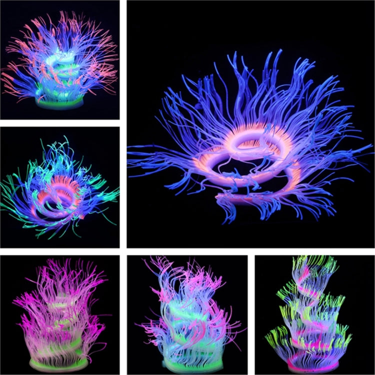 Fluorescent anemone coral decoration with long tentacles, glowing pink and blue