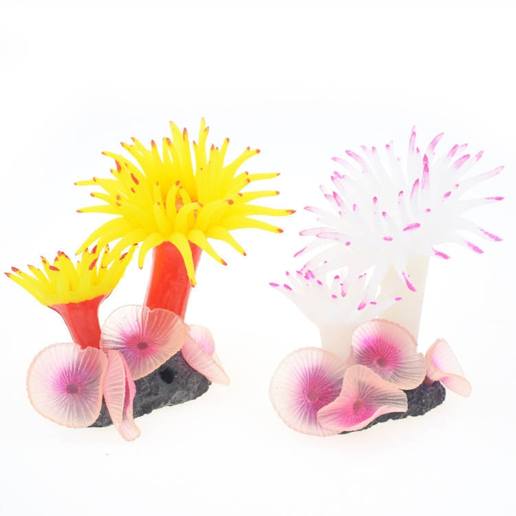 Silicone sea tree aquarium ornaments set: yellow and white polyps with shell bases