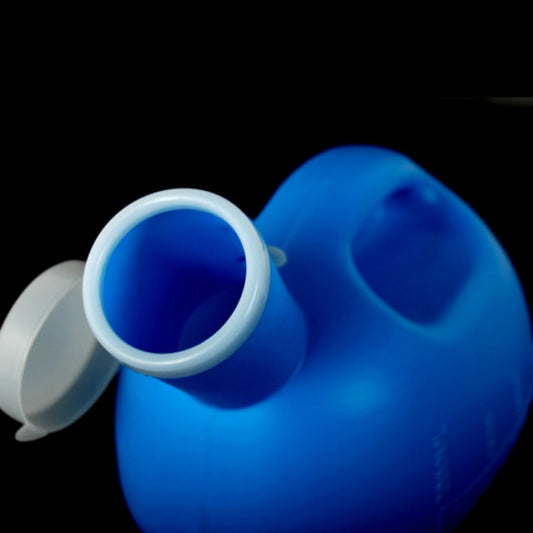 Blue portable urinal bottle with wide opening and removable funnel cup