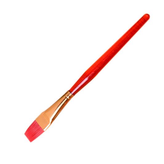 Single red paint brush with plastic handle, gold ferrule, and soft flat bristles