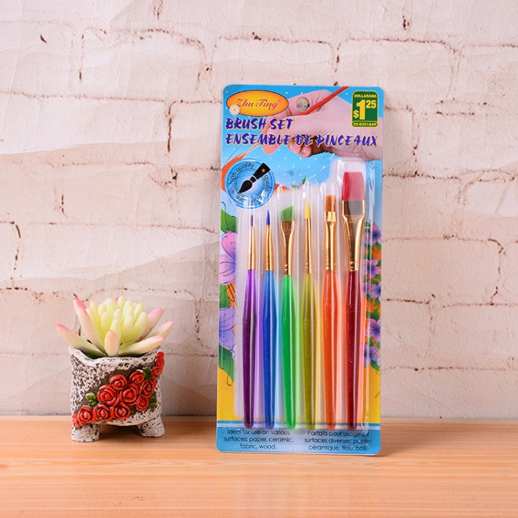 Packaged children's paint brush set with 6 colorful brushes in a blister card