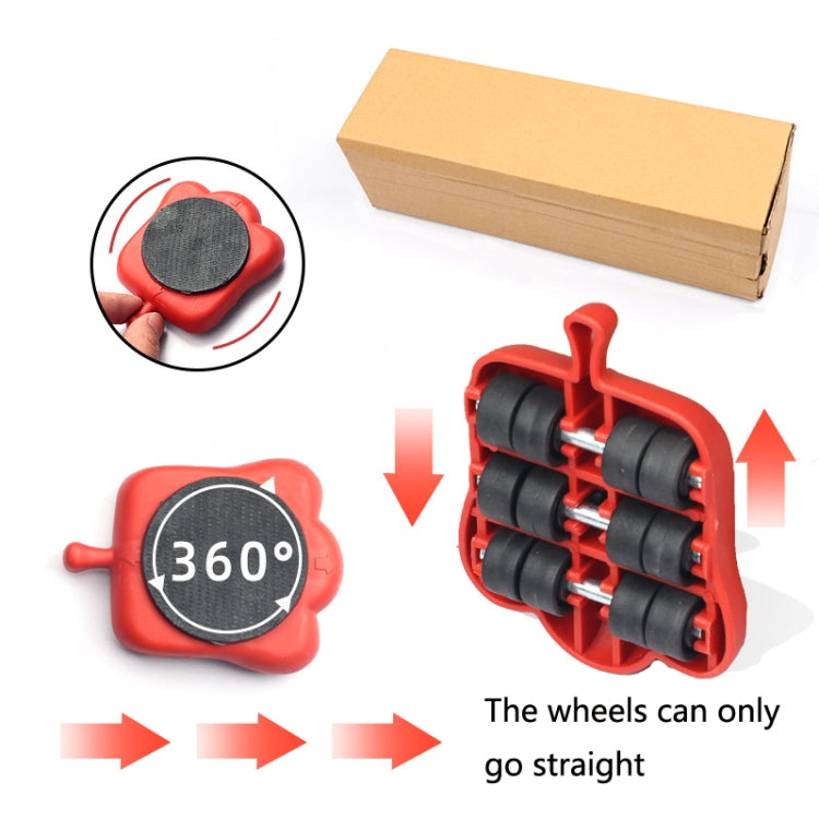 Red furniture mover head with rotating wheel assembly and round friction pads
