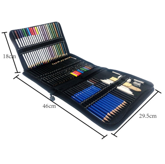 Black pencil case open with multicolor drawing pencils neatly arranged